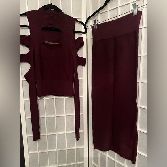 Express Tops - EXPRESS Burgundy Cutout Long Sleeve Top and Skirt Set NWT